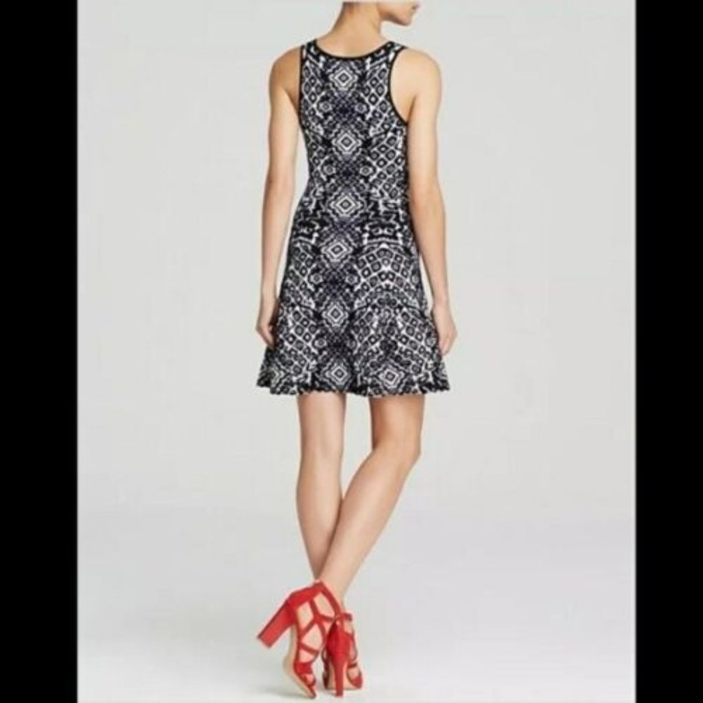 Torn by Ronny Kobo Sleeveless Knit Fit & Flare Swing Dress Black White Print S